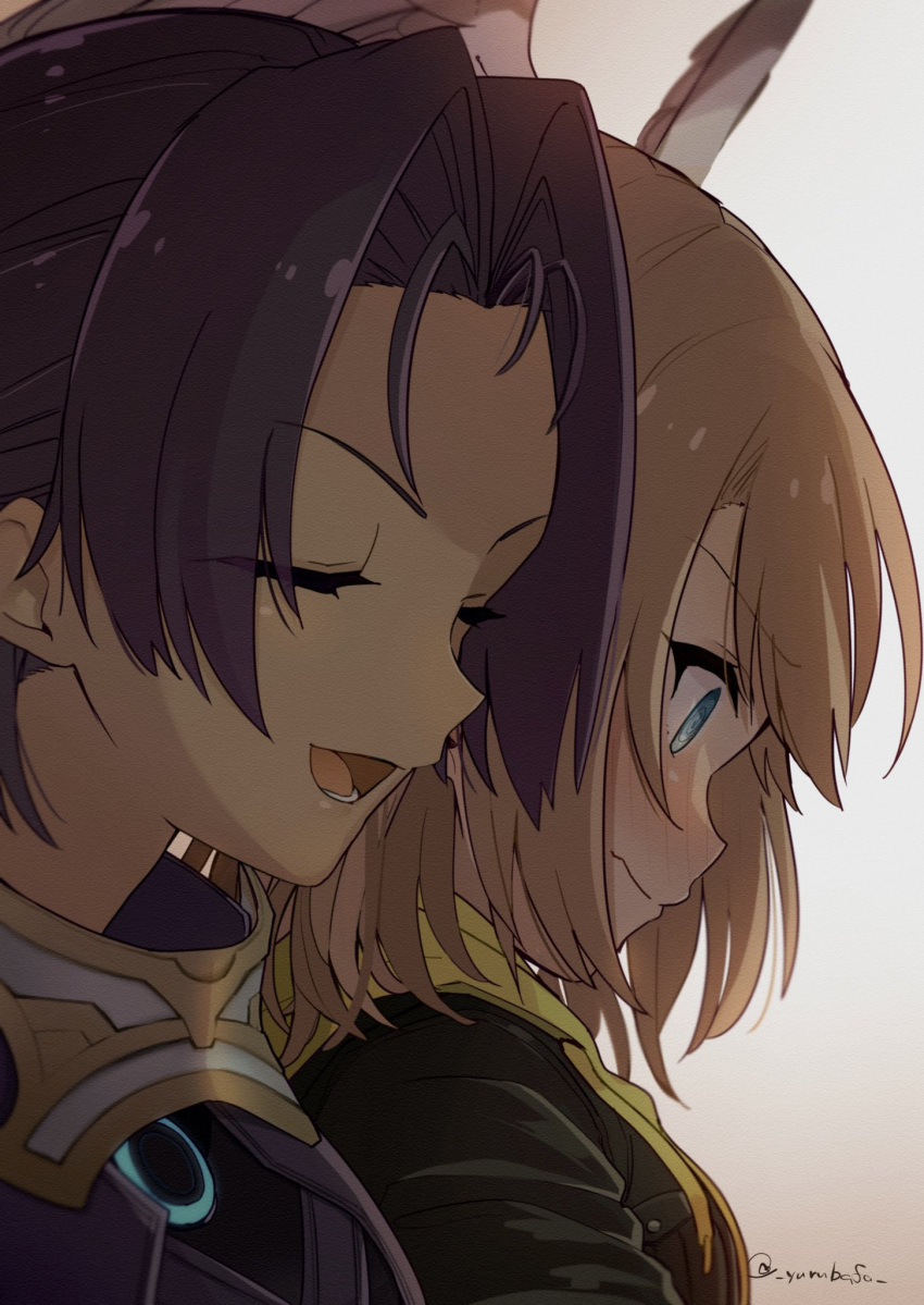 2girls @_@ ashera_(xenoblade) bafarin bangs blush closed_eyes eunie_(xenoblade) gradient gradient_background head_wings highres multiple_girls nose_blush open_mouth parted_bangs portrait twitter_username xenoblade_chronicles_(series) xenoblade_chronicles_3