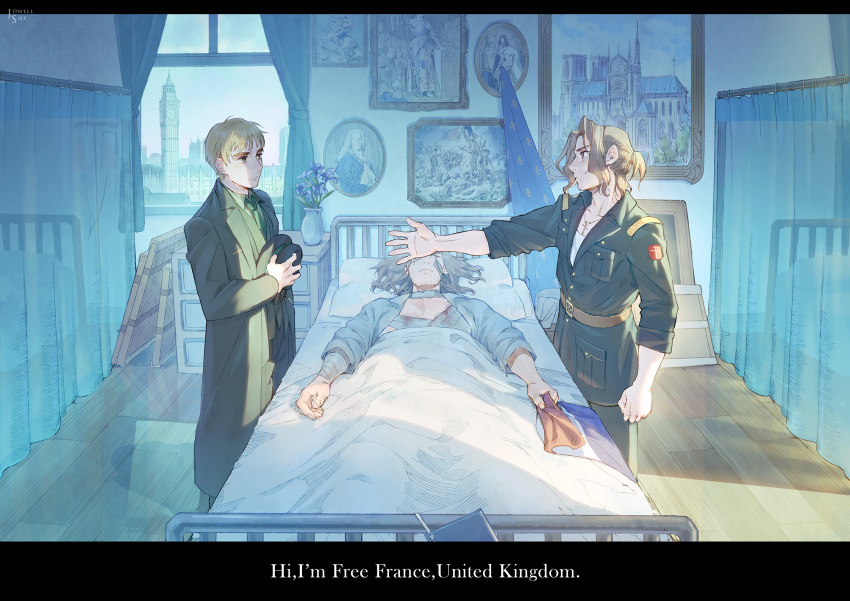 3boys artist_name axis_powers_hetalia bandaged_chest bed blonde_hair cross cross_necklace english_commentary english_text facial_hair flower france_(hetalia) green_eyes hat hat_on_chest highres jewelry jowell_she looking_at_another low_ponytail male_focus military military_uniform multiple_boys necklace outstretched_hand picture_(object) picture_frame pillow purple_flower short_hair smile stubble trench_coat uniform united_kingdom_(hetalia) vase violet_eyes window wooden_floor