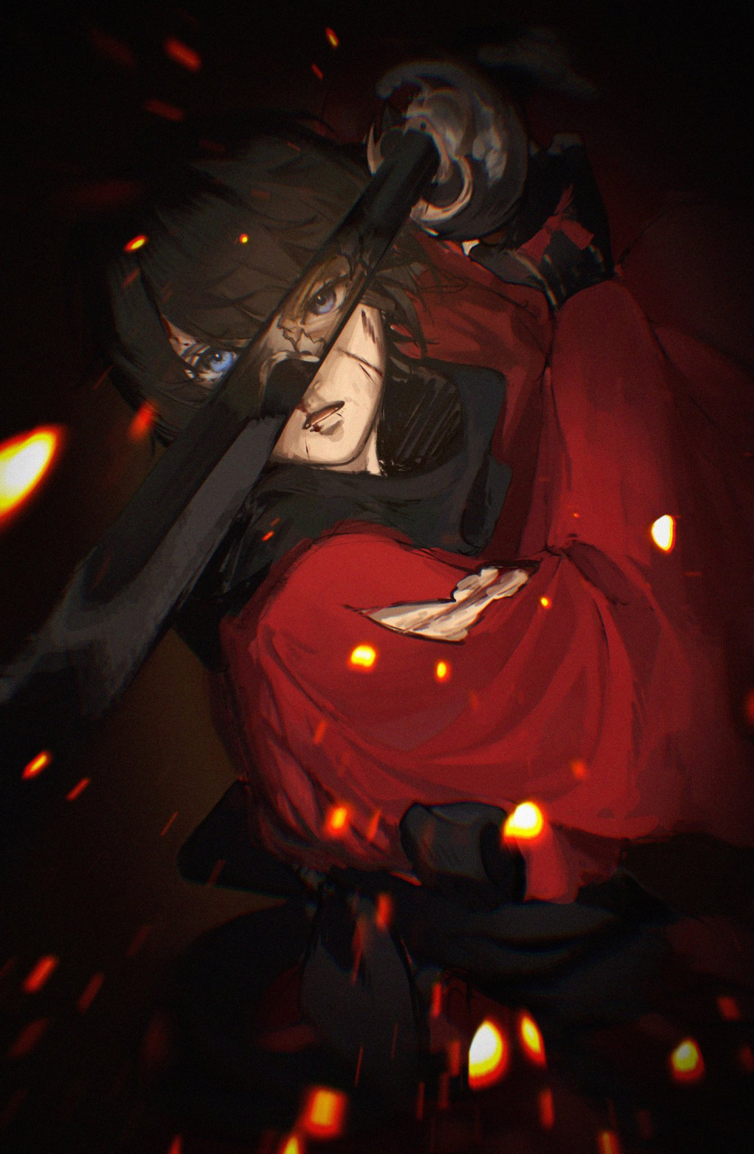 1boy 1girl avatar_(ff14) battle black_gloves black_hair blood blood_on_face blue_eyes broken broken_mask chromatic_aberration film_grain final_fantasy final_fantasy_xiv fingerless_gloves gloves highres holding holding_sword holding_weapon kojimarie lower_teeth mask nosebleed open_mouth reflection samurai samurai_(final_fantasy) short_hair solo_focus sparks sword teeth tongue torn torn_clothes weapon zenos_yae_galvus