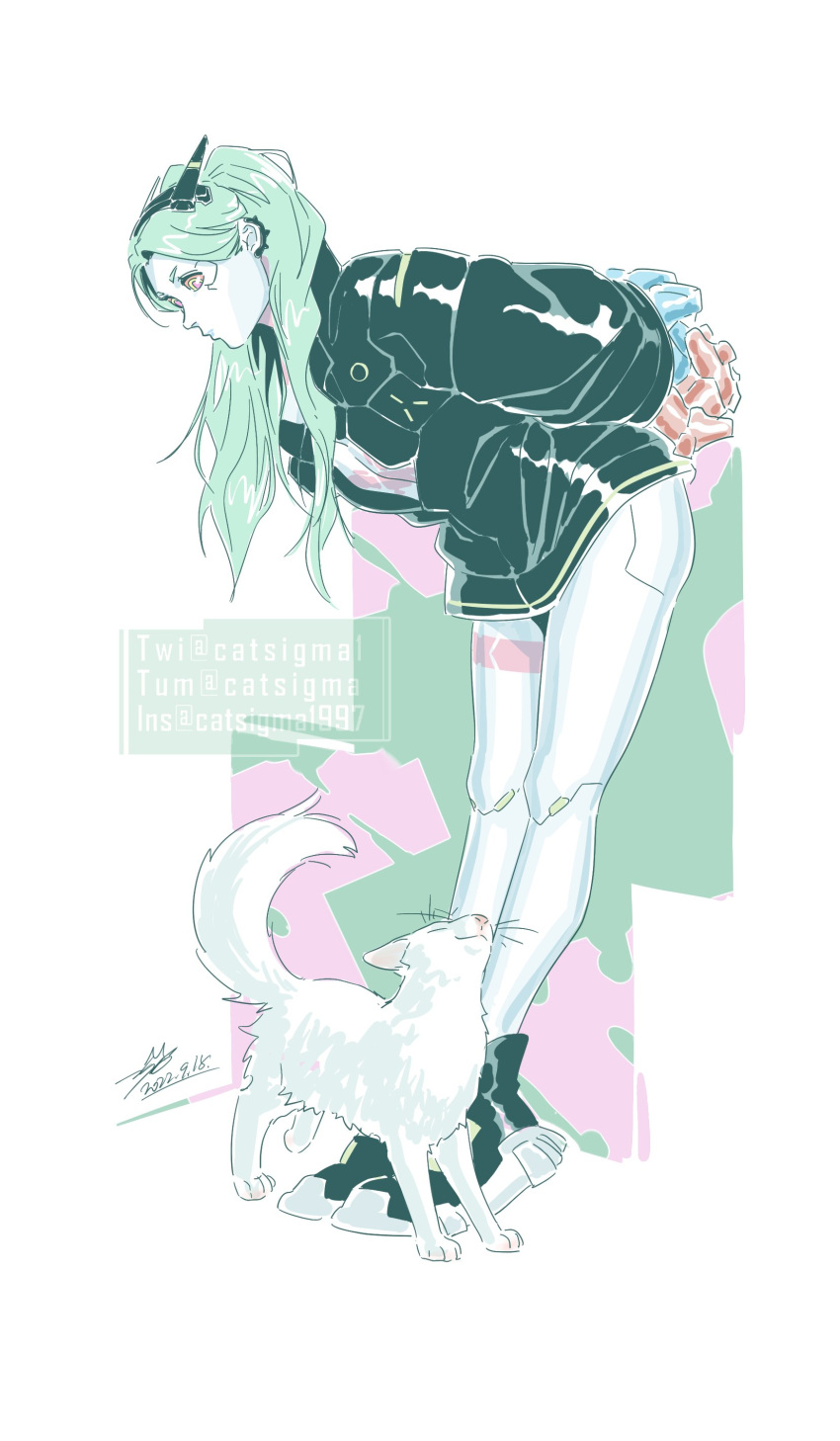 absurdres cat colored_skin cyberpunk_2077 green_hair highres jacket open_clothes open_jacket pink_tattoo rebecca_(cyberpunk_edgerunners) short_twintails twintails white_skin