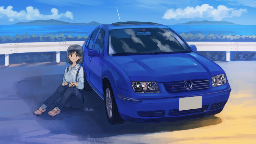 1girl black_eyes black_hair blue_pants blue_sky car closed_mouth clouds commentary_request day ground_vehicle guard_rail highres license_plate long_sleeves momo_hiki motor_vehicle mountainous_horizon ocean original outdoors pants personification shirt short_hair sitting sky smile solo vehicle_focus volkswagen volkswagen_bora white_shirt