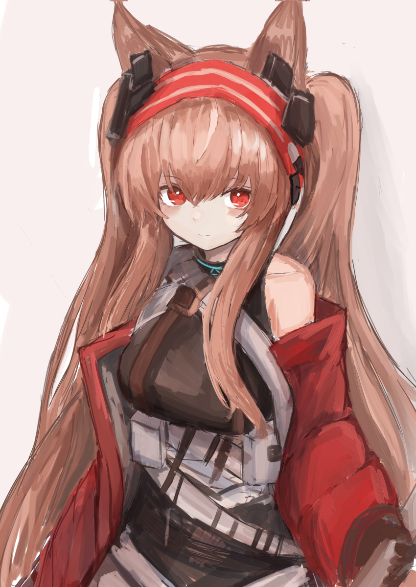 1girl absurdres angelina_(arknights) animal_ear_fluff animal_ears arknights bangs black_gloves black_shirt breasts brown_background brown_hair closed_mouth gloves hair_between_eyes hairband highres jacket long_hair long_sleeves looking_at_viewer medium_breasts off_shoulder open_clothes open_jacket piennamekuzi puffy_long_sleeves puffy_sleeves red_eyes red_hairband red_jacket shirt sleeveless sleeveless_shirt sleeves_past_wrists solo striped striped_hairband twintails very_long_hair