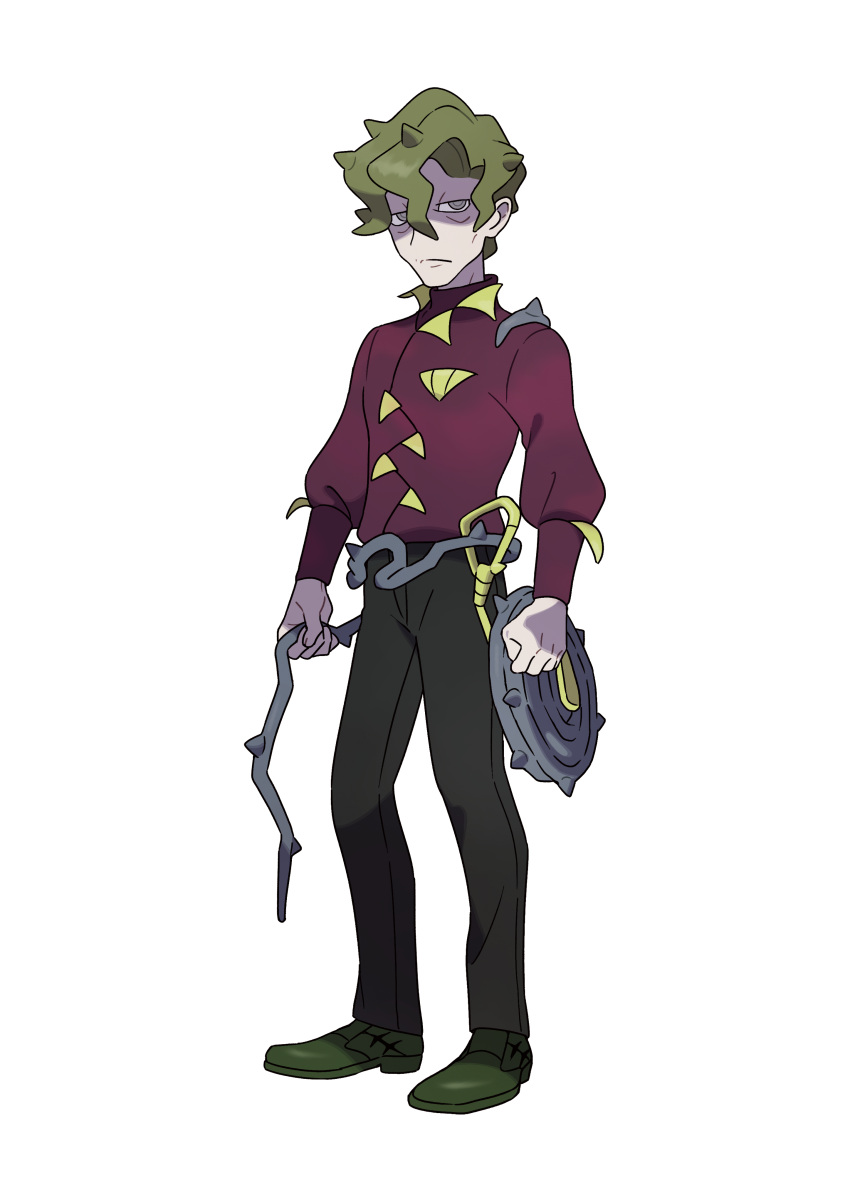 1boy absurdres artist_request black_pants brassius_(pokemon) green_eyes green_footwear green_hair highres holding holding_whip looking_at_viewer official_art pants pokemon pokemon_(game) pokemon_sv red_shirt shirt shoes simple_background solo spiky_hair vine_belt vine_whip whip yellow_collar