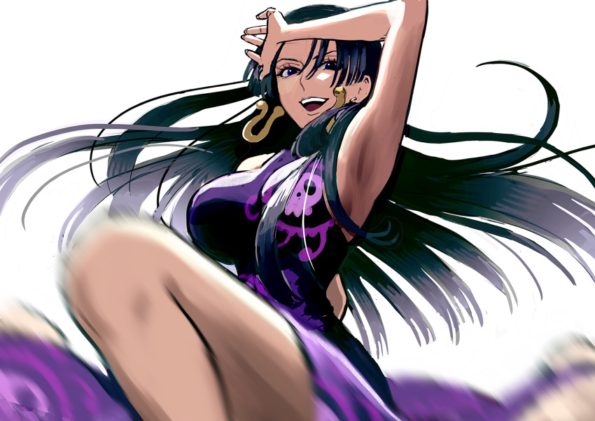1girl arm_up armpits black_hair blue_eyes boa_hancock breasts earrings jewelry kyon_(yae) large_breasts long_hair looking_at_viewer one_piece open_mouth simple_background solo white_background