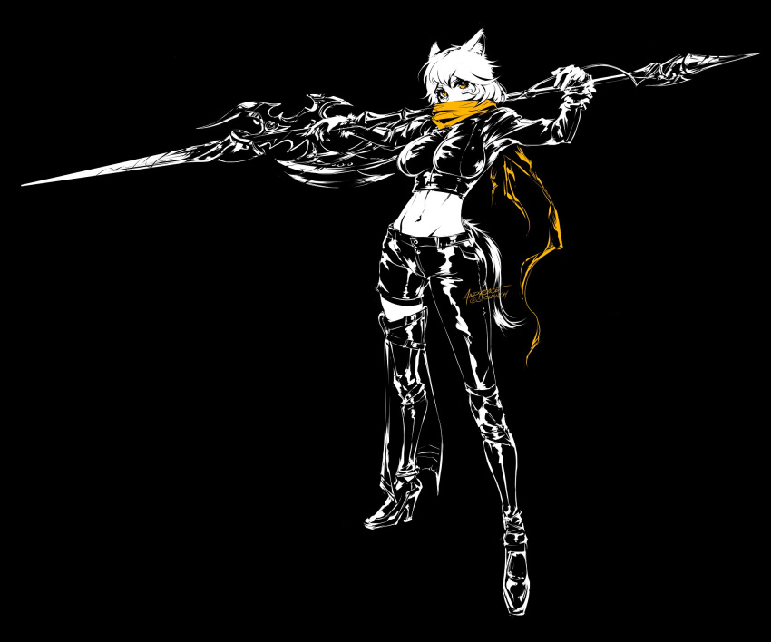 1girl andyface animal_ears asymmetrical_legwear belt black_background breasts full_body groin high_heels highres large_breasts medium_hair navel original polearm scarf simple_background single_thighhigh solo spear standing tail thigh-highs weapon