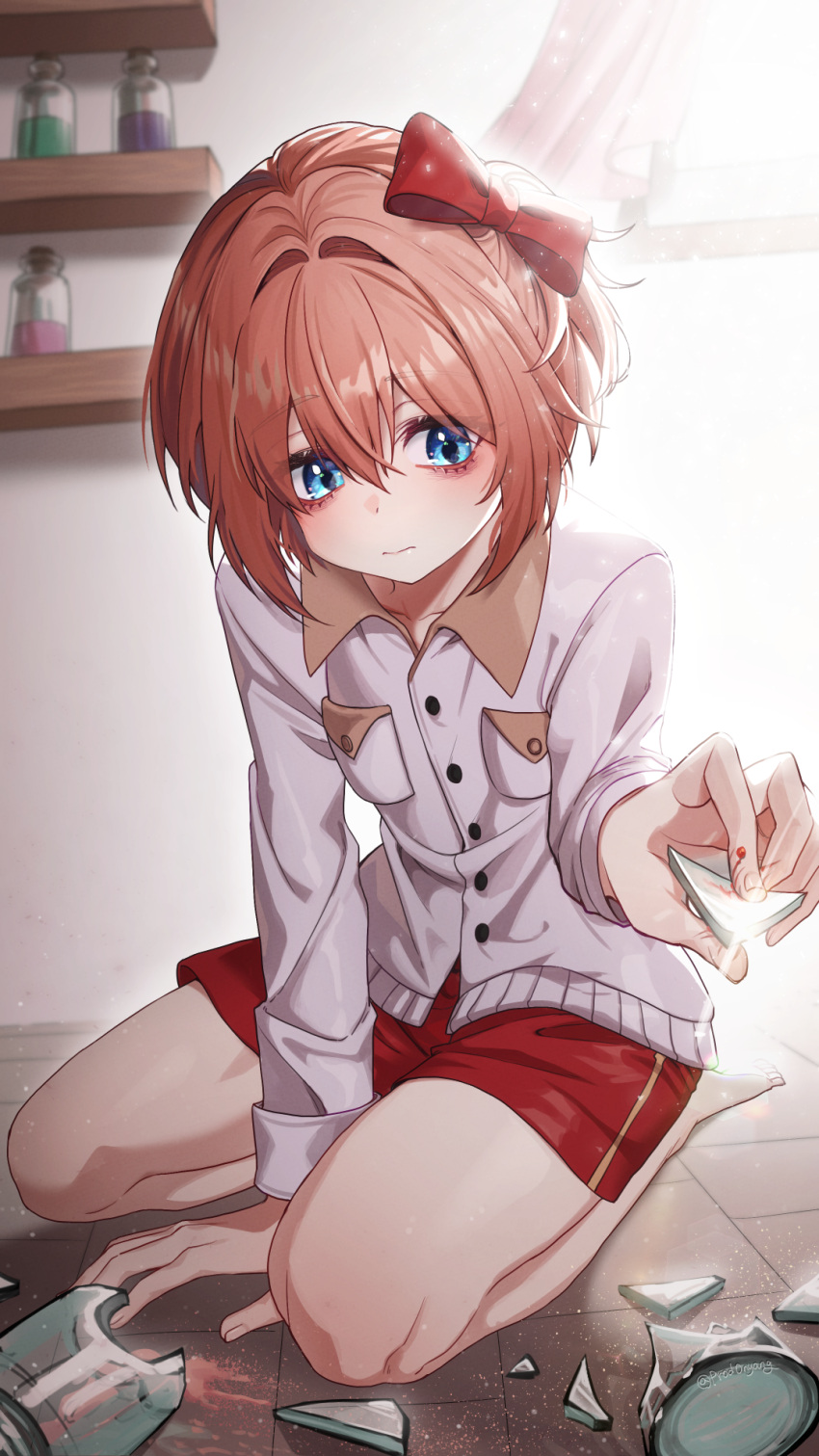 1girl arm_between_legs blood blue_eyes bottle bow broken_bottle broken_glass brown_hair closed_mouth collarbone curtains doki_doki_literature_club eyelashes eyes_visible_through_hair fingernails glass glass_shards glint hair_between_eyes hair_bow highres holding indoors injury light_particles light_rays long_eyelashes onyang red_bow sayori_(doki_doki_literature_club) solo twitter_username window wooden_floor