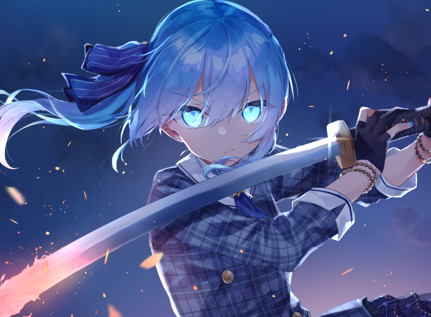 1girl aqua_eyes ascot black_gloves blue_ascot blue_hair blue_ribbon bracelet buttons collared_shirt double-breasted flaming_sword flaming_weapon frown gintama_10102 glint gloves glowing glowing_eyes hair_between_eyes hair_blowing hair_ribbon highres holding holding_sword holding_weapon hololive hoshimachi_suisei jacket jewelry katana long_sleeves medium_hair nail_polish night partially_fingerless_gloves plaid plaid_jacket ribbon shirt side_ponytail sidelocks solo sparks sword sword_guard_stance virtual_youtuber weapon