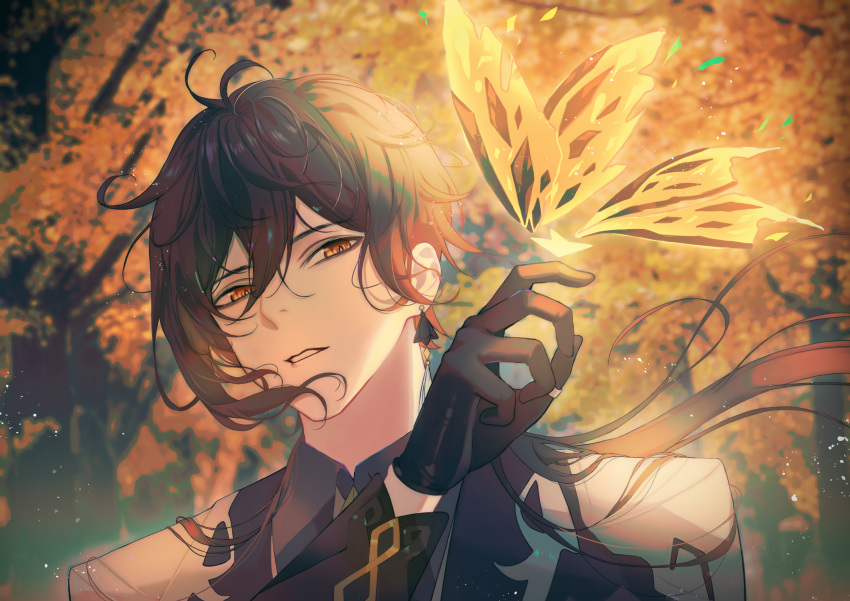 1boy absurdres autumn_leaves bangs black_coat black_gloves black_hair boori988 bug butterfly butterfly_on_hand coat commentary earrings forest genshin_impact gloves hair_between_eyes highres jewelry long_hair long_sleeves looking_at_viewer male_focus nature outdoors parted_lips portrait solo thumb_ring two-tone_coat upper_body white_coat yellow_eyes zhongli_(genshin_impact)