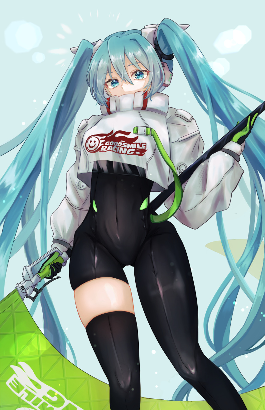 1girl absurdres aqua_eyes aqua_hair asymmetrical_bodysuit bangs black_bodysuit black_gloves black_thighhighs bodysuit breasts covered_mouth covered_navel crop_top crop_top_overhang cropped_jacket flag flagpole gloves goodsmile_racing green_gloves hair_between_eyes hairpods hatsune_miku highres holding holding_flag jacket l.shu linea_alba long_hair long_sleeves looking_at_viewer medium_breasts puffy_long_sleeves puffy_sleeves racing_miku racing_miku_(2022) shrug_(clothing) sidelocks single_thighhigh skin_tight skindentation solo standing thigh-highs twintails two-tone_gloves very_long_hair vocaloid white_jacket