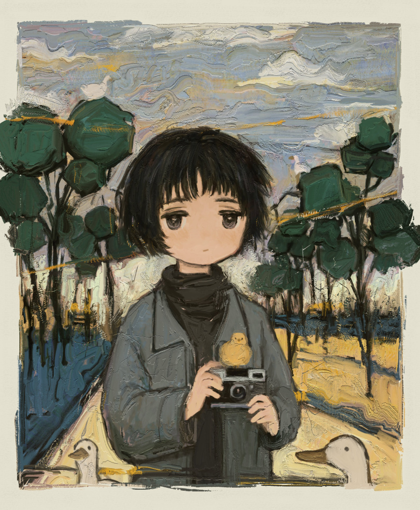 1girl absurdres bangs bird black_eyes black_hair black_scarf black_shirt border camera closed_mouth clouds cloudy_sky duck expressionless faux_traditional_media grey_jacket highres holding holding_camera jacket long_sleeves looking_at_viewer original outdoors paradis47 path rubber_duck scarf shirt short_hair sky solo tree upper_body white_border