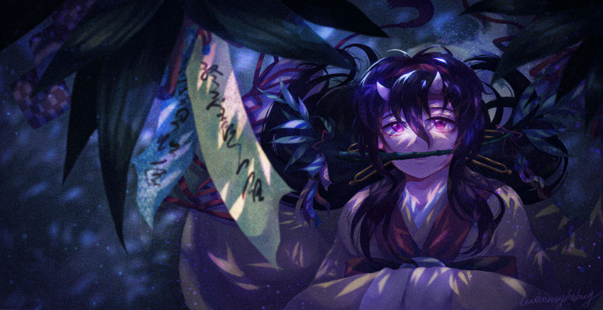 1other androgynous bamboo bangs black_hair commentary_request hair_between_eyes hairband hands_in_opposite_sleeves highres horns japanese_clothes kimono lakenightbug len'en long_hair looking_at_viewer mouth_hold other_focus red_eyes red_hairband solo taira_no_chouki tanabata upper_body yellow_kimono