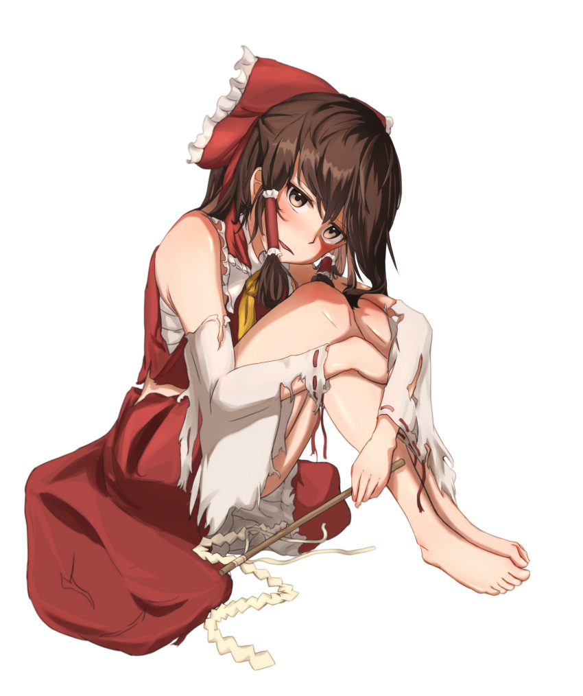 1girl absurdres aisumegane bangs bare_legs barefoot blush bow brown_eyes brown_hair commentary_request detached_sleeves dress frilled_bow frilled_dress frilled_hair_tubes frilled_sleeves frills gohei hair_bow hair_tubes hakurei_reimu highres holding_gohei japanese_clothes lace-trimmed_sleeves lace_trim long_hair miko open_mouth red_bow red_dress red_shirt red_skirt shirt simple_background sitting skirt sleeveless solo torn_clothes touhou white_background white_sleeves