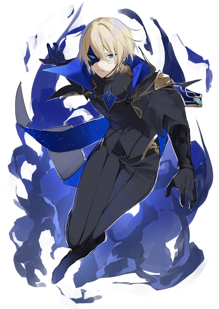 1boy absurdres bangs black_footwear black_gloves black_mask black_pants blonde_hair blue_eyes blue_mask boots cape closed_mouth dainsleif_(genshin_impact) ebibi_chiriri genshin_impact gloves hair_between_eyes half_mask highres long_sleeves male_focus mask mask_over_one_eye pants simple_background solo