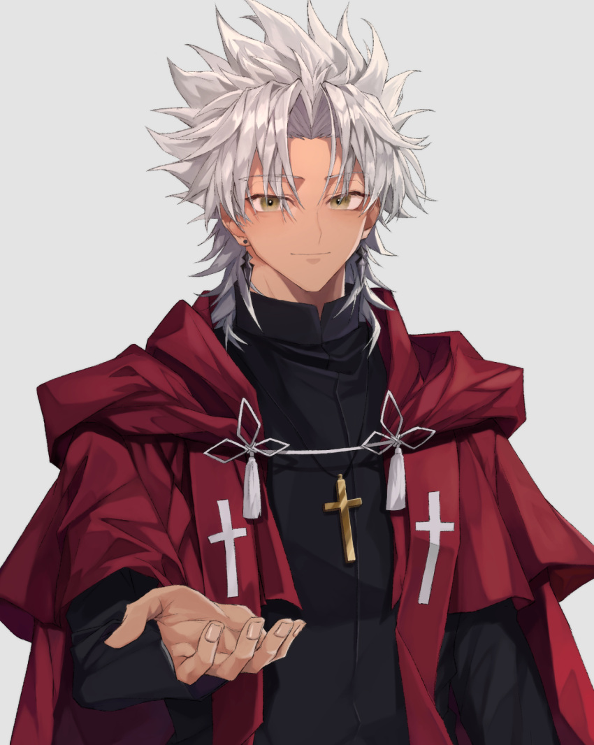 1boy amakusa_shirou_(fate) bangs blush brown_eyes cape closed_mouth commentary_request cross cross_necklace cross_print dark-skinned_male dark_skin earrings fate/apocrypha fate/grand_order fate_(series) grey_background highres jewelry light_smile long_sleeves looking_at_viewer male_focus mutsu_(621300) necklace parted_bangs priest red_cape short_hair simple_background smile solo stole tassel upper_body white_hair yellow_eyes