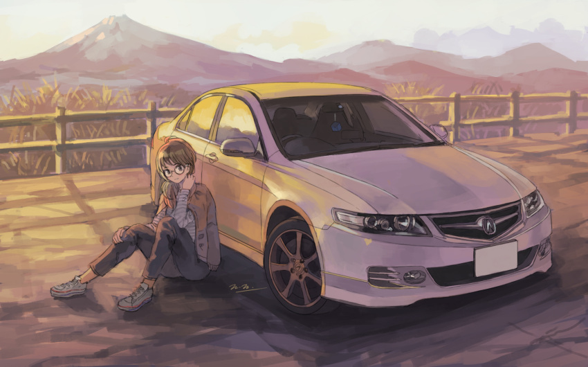1girl black_pants brown_hair brown_jacket car commentary_request fence glasses ground_vehicle highres honda honda_accord jacket momo_hiki motor_vehicle original outdoors pants personification shirt shoes sitting sneakers solo striped striped_shirt vehicle_focus white_footwear wooden_fence