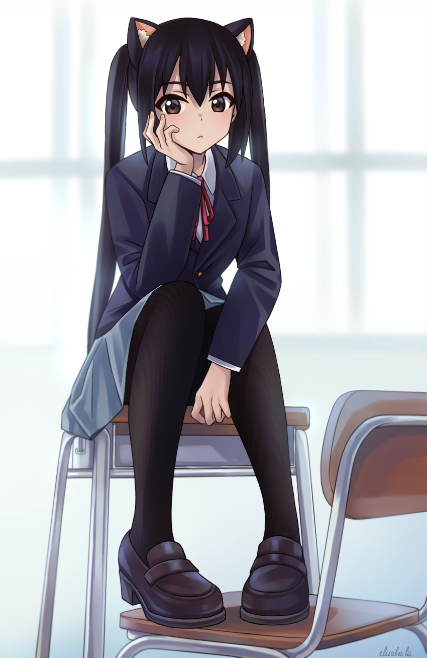 1girl animal_ears bangs black_hair black_pantyhose blazer blue_jacket brown_eyes brown_footwear cat_ears chair closed_mouth collared_shirt commentary_request desk full_body grey_skirt hand_on_own_cheek hand_on_own_face highres indoors jacket k-on! kemonomimi_mode lili_messaina long_hair long_sleeves looking_at_viewer nakano_azusa neck_ribbon on_desk pantyhose pleated_skirt red_ribbon ribbon sakuragaoka_high_school_uniform school_chair school_desk school_uniform shirt sitting skirt solo twintails white_shirt