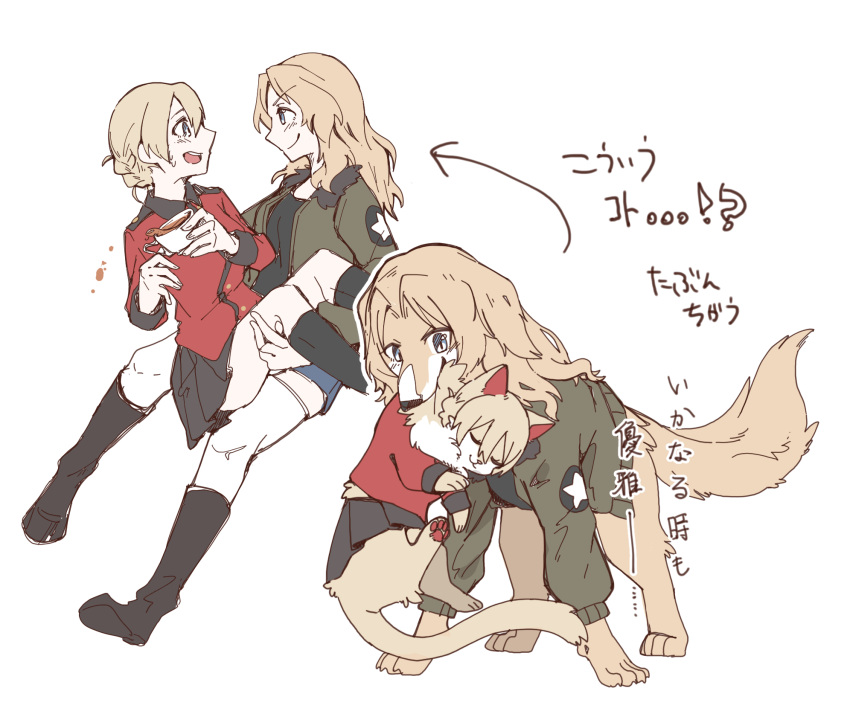 2girls animalization arrow_(symbol) bangs black_footwear black_shirt black_skirt blonde_hair blue_eyes blue_shorts boots braid brown_jacket carrying cat closed_eyes closed_mouth commentary cup darjeeling_(girls_und_panzer) dog emblem girls_und_panzer hasekura_(hachinochun) highres holding holding_cup jacket kay_(girls_und_panzer) long_hair long_sleeves looking_at_another military military_uniform miniskirt multiple_girls multiple_views open_mouth pleated_skirt princess_carry red_jacket saunders_military_uniform shirt short_hair short_shorts shorts skirt smile spilling st._gloriana's_military_uniform standing star_(symbol) tea teacup thigh-highs translated uniform