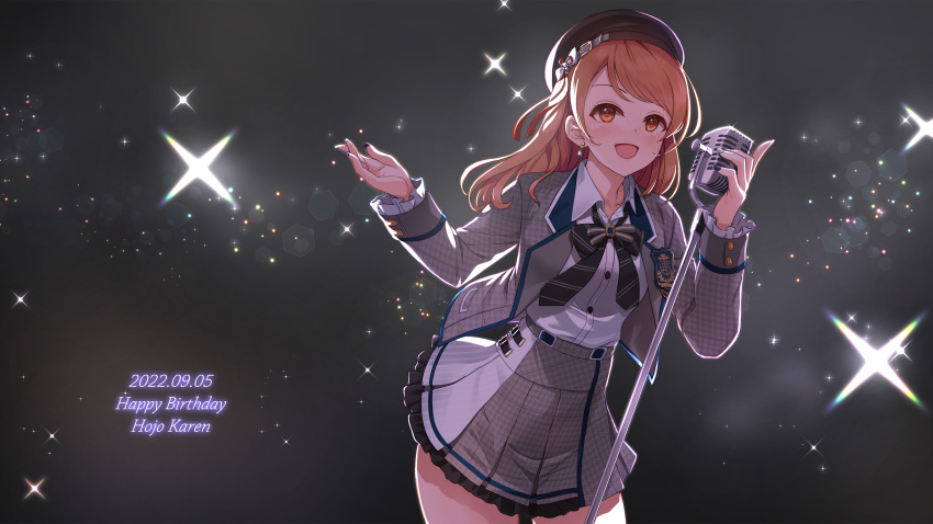1girl absurdres beret blush dark_background dated earrings grey_jacket happy_birthday hat highres hojo_karen holding holding_microphone_stand idolmaster idolmaster_cinderella_girls jacket jewelry lens_flare looking_at_viewer loose_neck_ribbon medium_hair microphone_stand mk_(mod0) nail orange_hair patterned_clothing smile solo sparkle two-tone_skirt