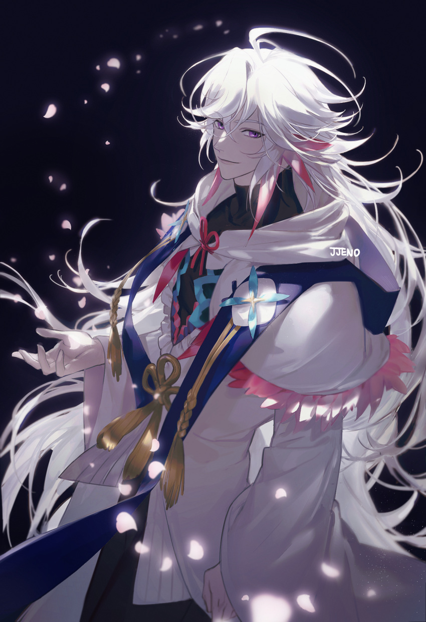 1boy absurdres ahoge artist_name bangs bishounen black_background closed_mouth commentary_request earrings falling_petals fate/grand_order fate_(series) flower flower_knot highres hood hood_down hooded_robe jewelry jyan512 light_smile long_hair long_sleeves looking_at_viewer male_focus merlin_(fate) petals pink_flower ribbon robe simple_background smile solo stole tassel upper_body very_long_hair violet_eyes white_hair white_hood white_robe wide_sleeves