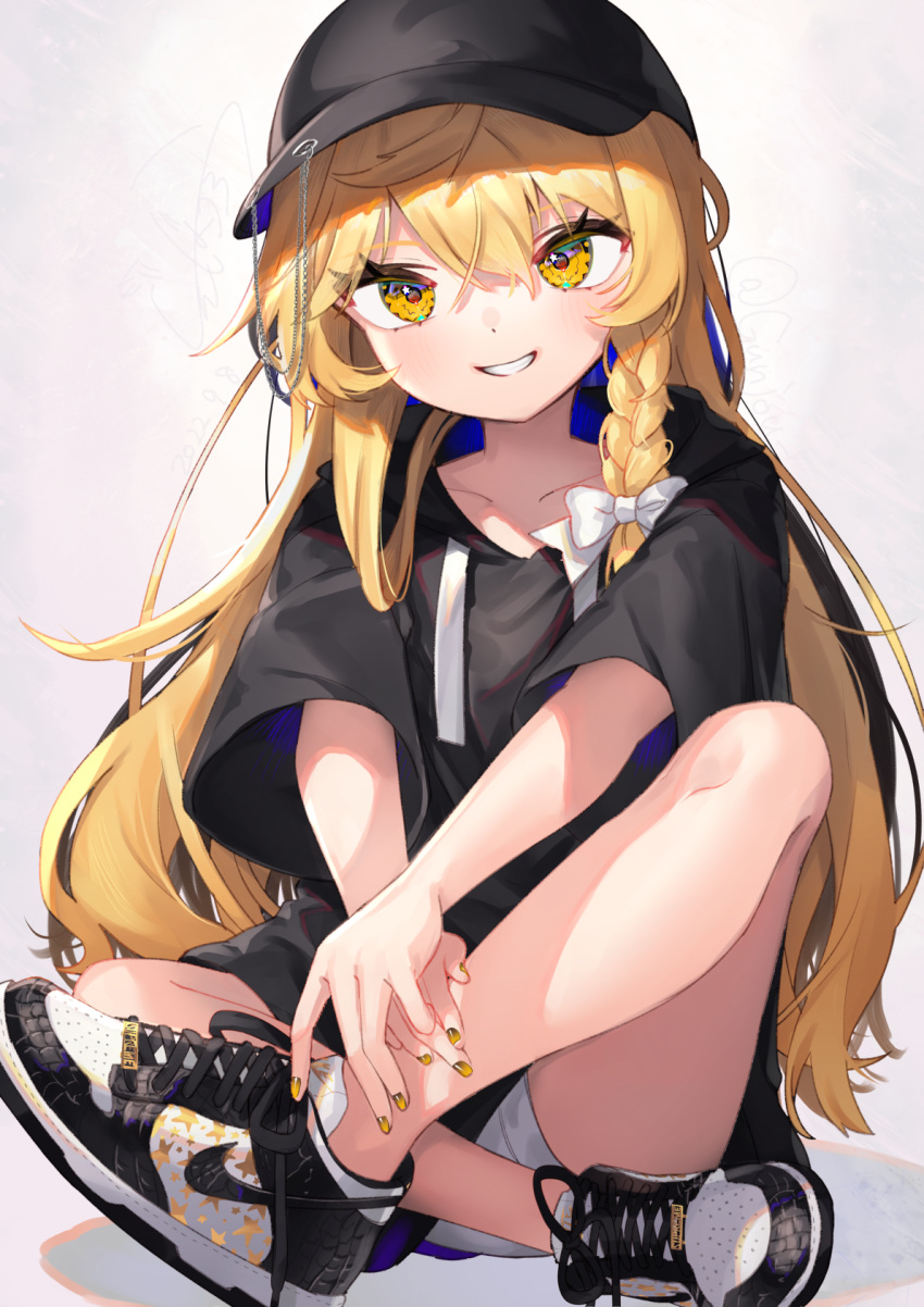 1girl bangs baseball_cap black_footwear black_headwear black_hoodie blonde_hair blush braid casual collarbone commentary_request crossed_legs eyelashes grey_background grin gunjou_row hair_between_eyes hair_ribbon hat highres hood hood_down hoodie indian_style kirisame_marisa long_hair looking_at_viewer nike ribbon shoes short_sleeves shorts simple_background single_braid sitting smile sneakers solo touhou tress_ribbon white_ribbon white_shorts yellow_eyes yellow_nails