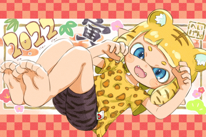 1girl 2022 :d animal_ear_fluff animal_ears animal_print barefoot blonde_hair blue_eyes chinese_zodiac dot_nose extra_ears fangs highres inkling inkling_girl leopard_print looking_at_viewer open_mouth pointy_ears purple_shorts shirt short_hair short_sleeves shorts smile solo splatoon_(series) t-shirt tentacle_hair tiger_ears tiger_print toe_scrunch year_of_the_tiger yellow_shirt yugmlecpdduukox