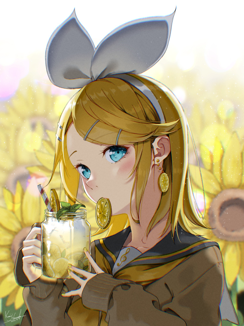 1girl absurdres artist_name backlighting bangs black_sailor_collar blonde_hair blue_eyes blush bow brown_shirt citron collarbone commentary_request dated drink drinking_straw earrings eyelashes facing_viewer floral_background flower food glass hair_bow hair_ornament hairband hairclip hands_up highres holding holding_drink holding_food jewelry kagamine_rin kaoro_hanaoka leaf lens_flare long_sleeves looking_up mouth_hold musical_note musical_note_print neckerchief open_hand sailor_collar school_uniform shirt short_hair signature sleeves_past_wrists solo sunflower swept_bangs two-tone_background upper_body vocaloid white_background white_bow white_hairband yellow_background yellow_flower yellow_nails yellow_neckerchief