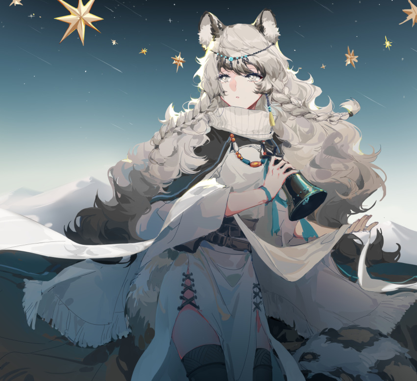 1girl animal_ears argon_(caocaocaocaocao) arknights bell belt blue_ribbon braid bright_pupils capelet chinese_commentary commentary cowboy_shot dress fingernails grey_belt grey_capelet grey_eyes grey_hair grey_thighhighs highres holding holding_bell jewelry leopard_ears leopard_girl leopard_tail long_hair long_sleeves looking_afar necklace parted_lips pramanix_(arknights) ribbon shooting_star side_slit sky solo star_(sky) starry_sky tail thigh-highs tiara very_long_hair white_dress white_pupils white_ribbon wide_sleeves