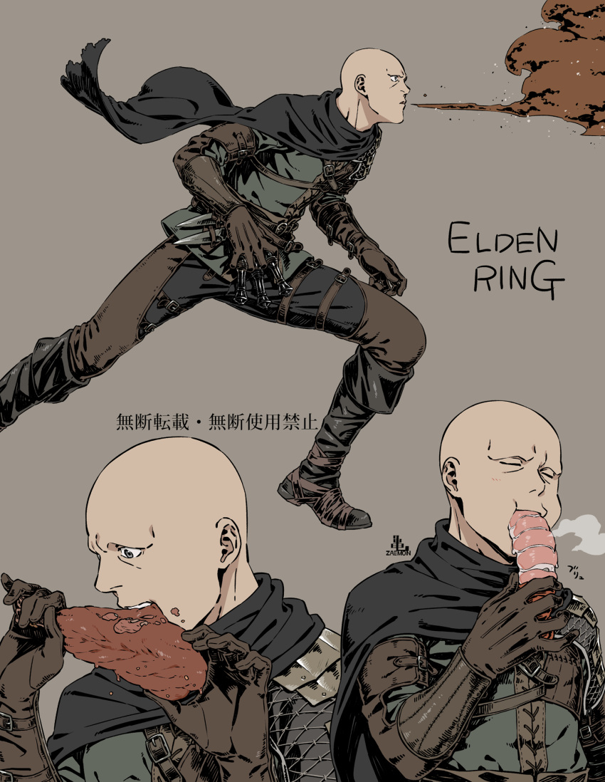 1boy bald belt black_cape black_footwear black_pants boots brown_belt brown_gloves cape closed_eyes eating elden_ring food foot_out_of_frame from_side full_body gloves grey_background highres holding holding_food kamezaemon knee_boots male_focus meat multiple_views pants patches_(from_software) simple_background teeth torn_cape torn_clothes upper_body