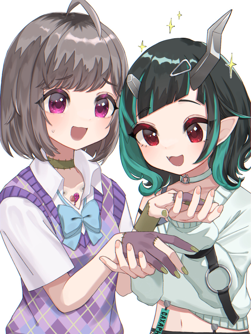 2girls ahoge bangs black_hair black_tank_top blue_bow blue_bowtie blue_hair blush bow bowtie breasts brown_hair cardigan collared_shirt commentary_request cowboy_shot demon_girl demon_horns fang flat_chest green_nails grey_choker grey_sweater hair_ornament hairclip highres holding_hands horns huma_wat long_hair long_sleeves medium_hair midriff multicolored_hair multiple_girls navel official_alternate_costume open_mouth patchwork_skin pink_eyes pink_nails plaid_cardigan pointy_ears purple_cardigan red_eyes shirt shishio_chris simple_background single_bare_shoulder small_breasts smile sparkle strap_slip sugar_lyric sweater tamotsu_(mary) tank_top two-tone_hair v_ap_art virtual_youtuber white_background white_shirt