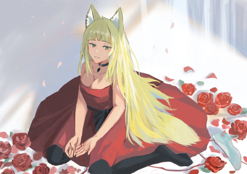 1girl animal_ears background bare_arms bare_shoulders black_legwear blonde_hair breasts choker cleavage collarbone dungeon_ni_deai_wo_motomeru_no_wa_machigatteiru_darou_ka eyebrows fanart flowing_dress flowing_hair footwear_removed fox_ears green_eyes hands_together happy heels high_heels jewlery knee_length_socks lady long_hair looking_at_viewer looking_up red_dress red_thread ring rose_petals roses sanjouno_haruhime seiza sitting smiling startiro(artist) strapless_dress transparent_footwear twitter waist_ribbon waist_sash woman young