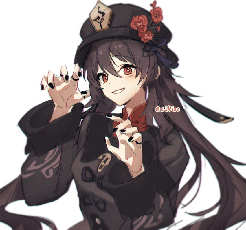 1girl bead_bracelet beads black_headwear black_jacket black_nails blush bracelet breasts brown_hair chinese_clothes commentary_request eyelashes flower flower-shaped_pupils genshin_impact gradient_hair grin hair_between_eyes hat hat_flower highres hu_tao_(genshin_impact) jacket jewelry korean_commentary long_hair looking_at_viewer multicolored_hair multiple_rings nail_polish plum_blossoms porkpie_hat red_eyes red_shirt redhead ring shirt simple_background small_breasts smile solo symbol-shaped_pupils tangzhuang tassel twintails twitter_username upper_body uxien white_background