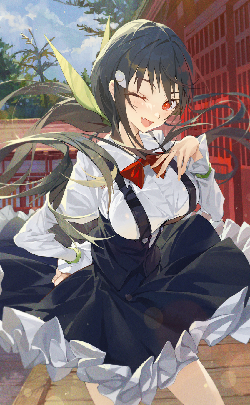 1girl :d absurdres aged_up bangs black_hair black_skirt blue_sky blush bow bowtie breasts clouds cloudy_sky cowboy_shot day fang frilled_skirt frills hachikuji_mayoi hair_ornament hairclip hand_on_hip hand_on_own_chest highres hxxg large_breasts long_sleeves looking_at_viewer monogatari_(series) one_eye_closed open_mouth outdoors red_bow red_eyes shiny shiny_hair shirt skirt sky smile solo standing suspender_skirt suspenders torii tree white_shirt wooden_floor