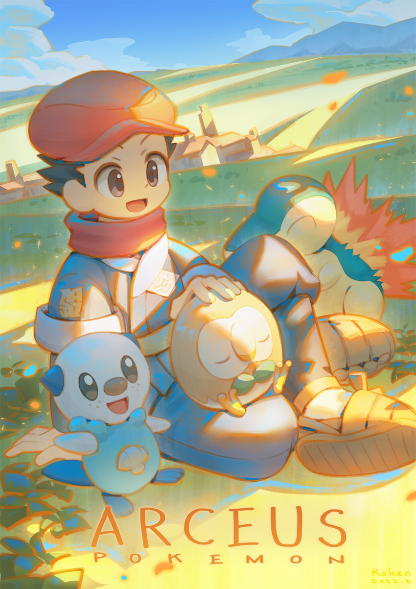 1boy :d black_hair building clouds commentary_request copyright_name cyndaquil day hat highres hill jacket koken_j logo male_focus on_lap open_mouth oshawott outdoors pants pokemon pokemon_(creature) pokemon_(game) pokemon_legends:_arceus pokemon_on_lap red_headwear red_scarf rei_(pokemon) rowlet scarf shirt shoes short_hair sitting sky smile