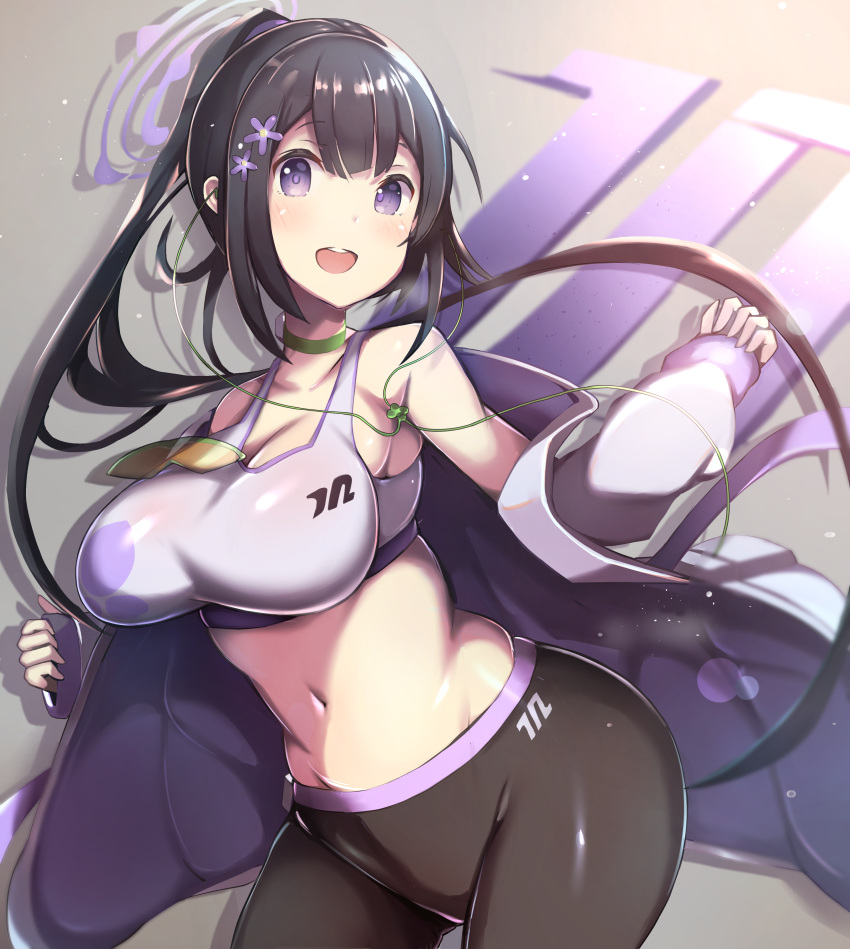 1girl absurdres bike_shorts black_hair blue_archive breasts choker closed_mouth crop_top flower green_choker hair_flower hair_ornament happy highres light_blush long_hair looking_at_viewer midriff open_mouth papion ponytail sumire_(blue_archive) violet_eyes