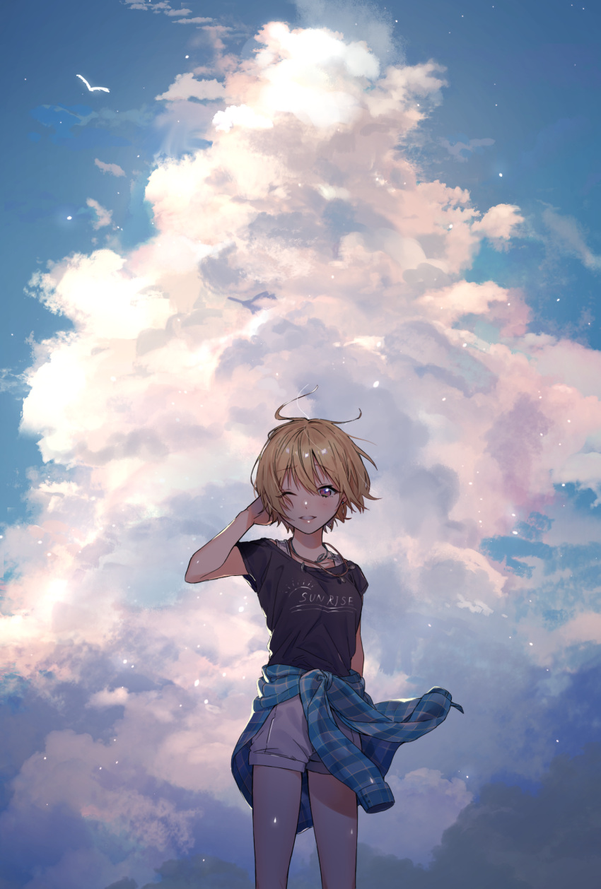 1girl bangs bird black_shirt blonde_hair blue_sky blush clothes_around_waist clouds commentary_request cowboy_shot earrings hair_between_eyes hand_in_own_hair hand_up highres idolmaster idolmaster_shiny_colors jacket jacket_around_waist jewelry looking_at_viewer necklace one_eye_closed outdoors parted_lips partial_commentary saijo_juri shirt shirt_around_waist short_hair short_sleeves shorts sinomi sky smile solo violet_eyes white_shorts wind