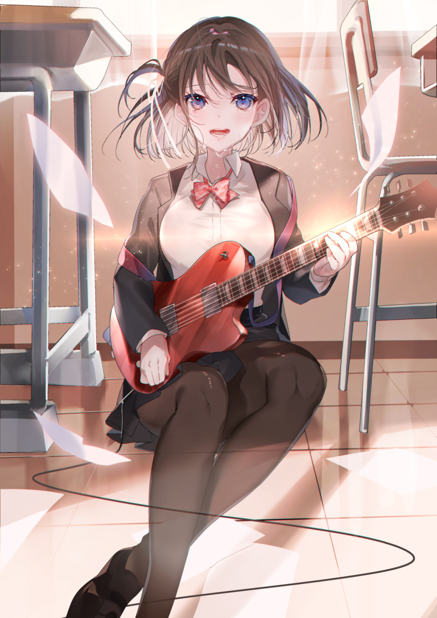 1girl bangs black_footwear black_jacket black_pantyhose blazer blush bow brown_hair classroom collared_shirt crying desk guitar highres holding holding_instrument indoors instrument jacket loafers looking_at_viewer miwano_rag music on_floor open_clothes open_jacket open_mouth original pantyhose playing_instrument red_bow school_uniform shirt shoes short_hair sitting skirt solo tears violet_eyes white_shirt