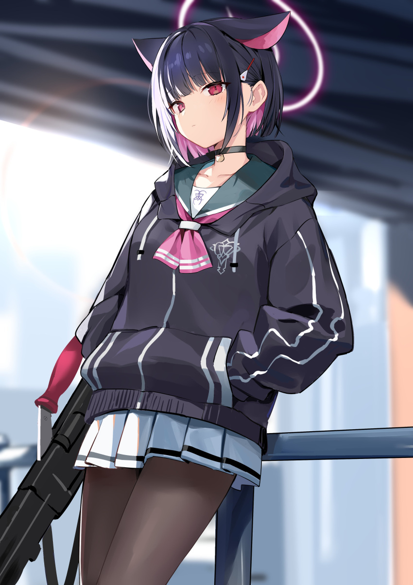 1girl absurdres animal_ears black_choker black_hair blue_archive blue_sailor_collar bren_lmg choker colored_inner_hair commentary_request gun hair_ornament hairclip halo hand_in_pocket highres hood hooded_jacket jacket kazusa_(blue_archive) leaning_on_rail light_machine_gun miniskirt multicolored_hair neckerchief pantyhose pink_eyes pink_hair pink_neckerchief ryou_(ponpgo) sailor_collar short_hair skirt solo standing two-tone_hair weapon