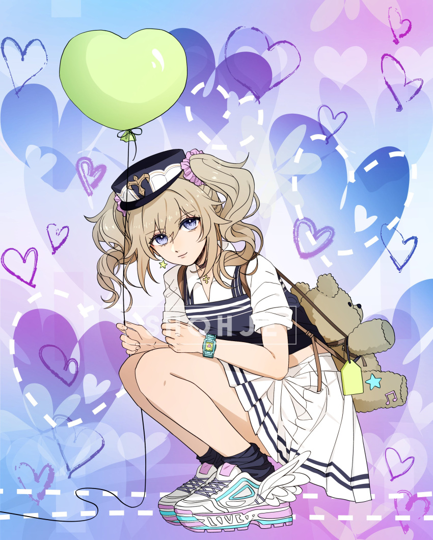 1girl absurdres balloon barbara_(genshin_impact) blonde_hair blue_eyes closed_mouth dress earrings full_body genshin_impact hat heart highres jewelry long_hair looking_at_viewer sailor_collar sailor_dress shoes shohje short_sleeves smile sneakers solo squatting star_(symbol) twintails wavy_hair white_background