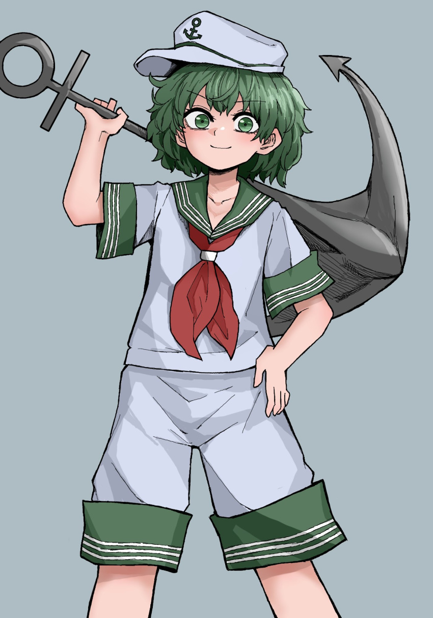 1girl anchor anchor_symbol bangs closed_mouth fe_(tetsu) green_eyes green_hair green_sailor_collar grey_background hand_on_hip hat highres holding holding_anchor looking_at_viewer murasa_minamitsu neckerchief red_neckerchief sailor_collar sailor_hat shirt short_hair shorts simple_background smile solo touhou white_headwear white_shirt white_shorts