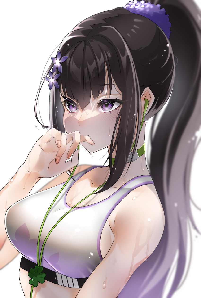 1girl black_hair blue_archive breasts choker closed_mouth crop_top flower green_choker hair_flower hair_ornament highres large_breasts light_blush long_hair looking_at_viewer midriff mikamiruka_0728 ponytail simple_background sumire_(blue_archive) sweat sweatdrop violet_eyes