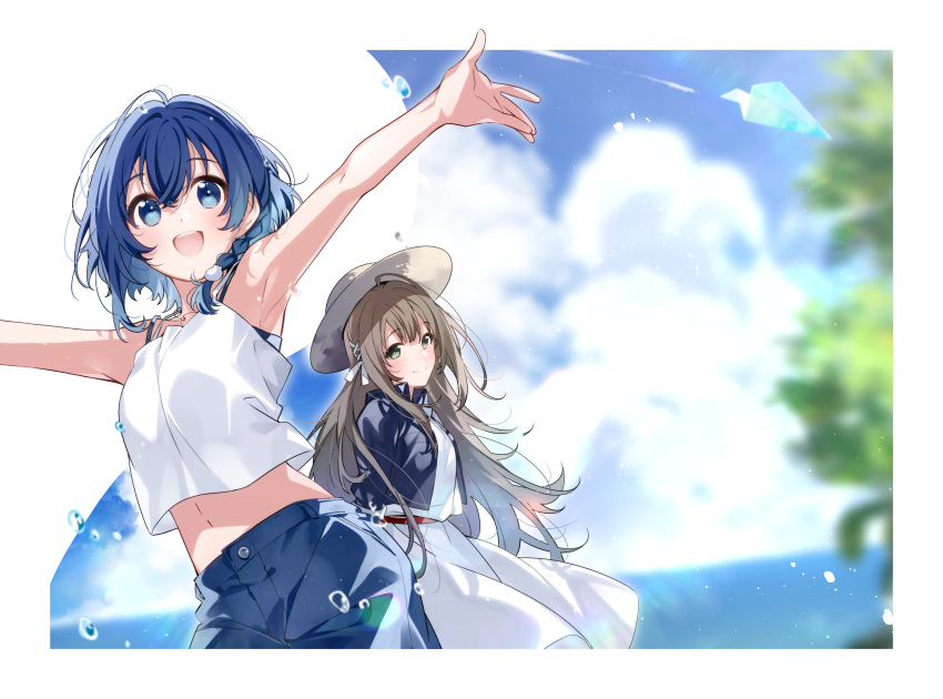 2girls absurdres armpits bare_arms blue_eyes blue_hair blue_sky braid brown_hair clouds day dress green_eyes hat highres long_hair misakino_kukuru miyazawa_fuuka multiple_girls official_art open_mouth outdoors outstretched_arms shell_hair_ornament shiroi_suna_no_aquatope sky spread_arms tank_top u35 white_dress