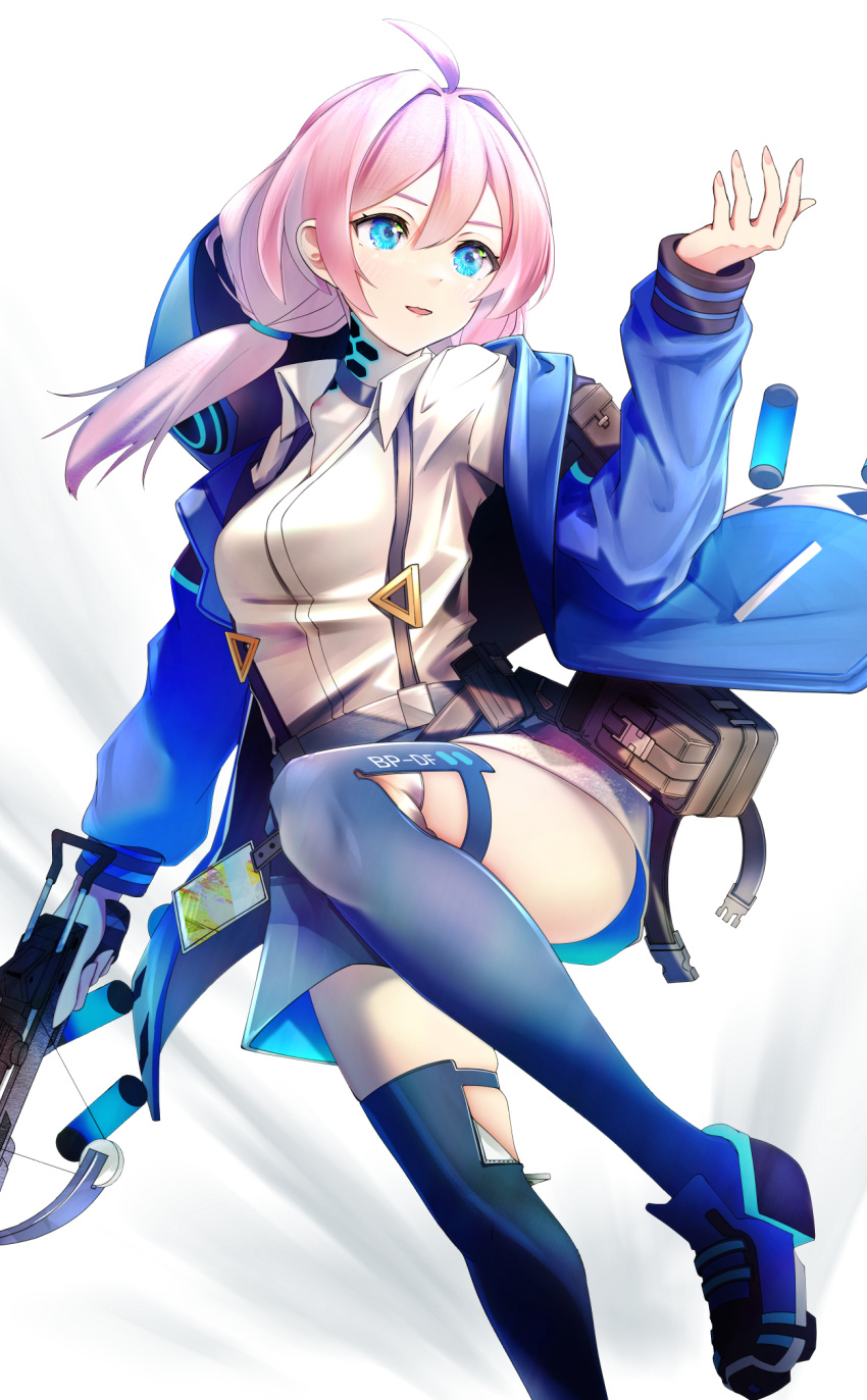 1girl ahoge arknights black_choker black_shorts black_thighhighs blue_eyes blue_jacket blue_poison_(arknights) choker crossbow hair_between_eyes hair_intakes highres holding holding_crossbow holding_weapon hood hooded_jacket jacket long_sleeves low_twintails medium_hair open_clothes open_jacket open_mouth pink_hair shirt shorts smile solo suspenders thigh-highs twintails weapon white_shirt yokaze_(yokajie)