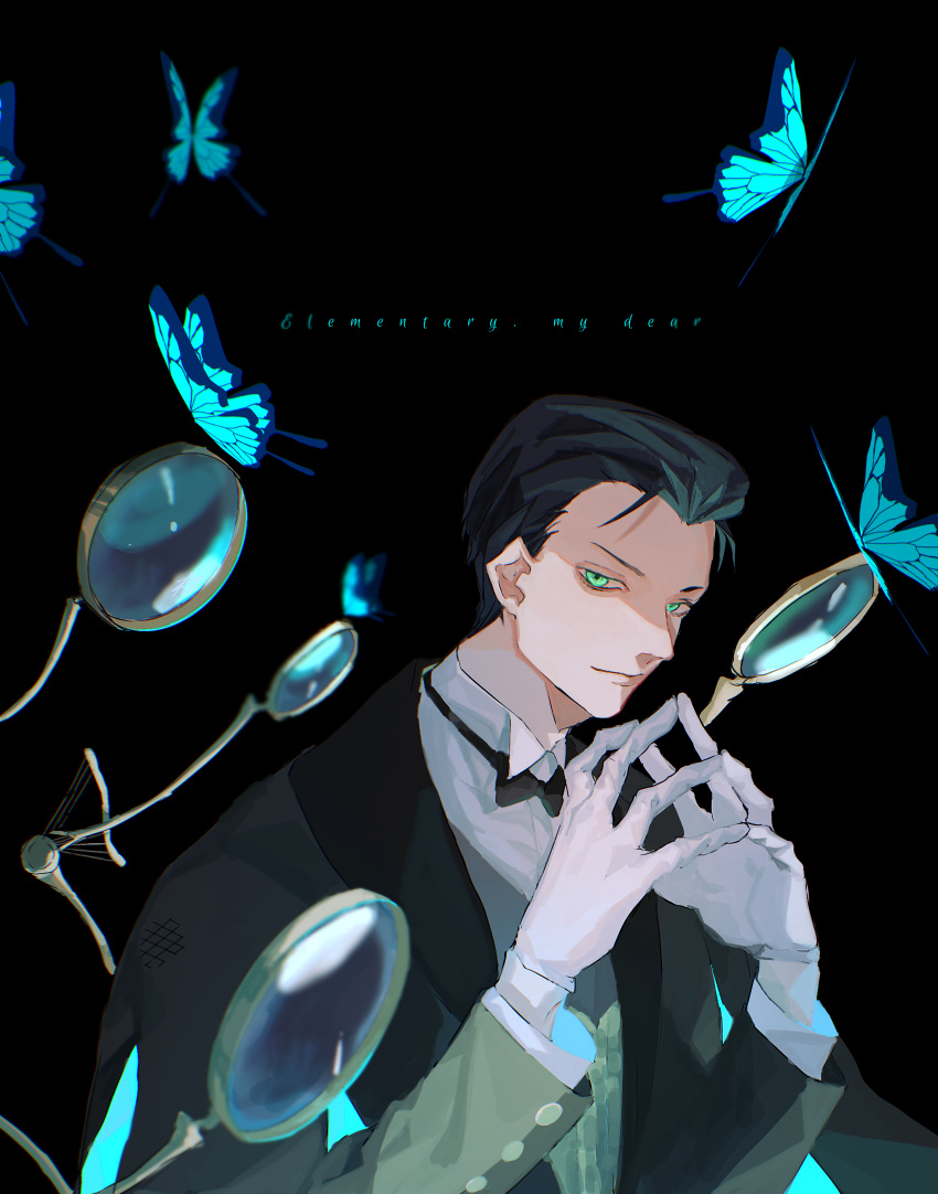 absurdres azisaiharumaki56 background_text bangs black_background black_bow black_hair blue_butterfly bow bowtie bug butterfly closed_mouth coat collared_shirt commentary_request fate/grand_order fate_(series) formal gloves green_eyes hair_slicked_back highres jacket long_sleeves looking_at_viewer magnifying_glass male_focus sherlock_holmes_(fate) shirt short_hair simple_background smile steepled_fingers suit upper_body white_gloves white_shirt