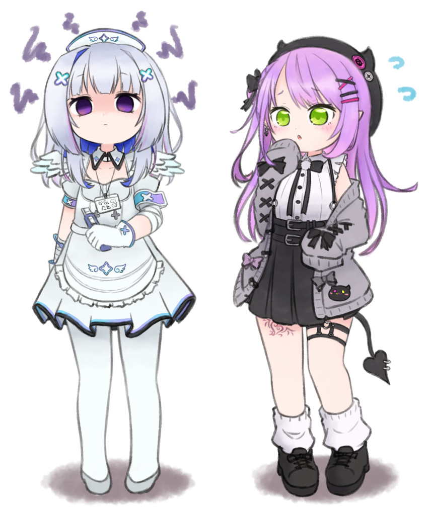 amane_kanata angel angel_wings blush boxcutter chibi demon_girl demon_tail empty_eyes feathered_wings flying_sweatdrops full_body grey_hair hat highres hololive looking_at_another looking_at_viewer nurse nurse_cap pantyhose purple_hair shaded_face tail tokoyami_towa tonton_(tonz159) virtual_youtuber white_pantyhose wings yandere