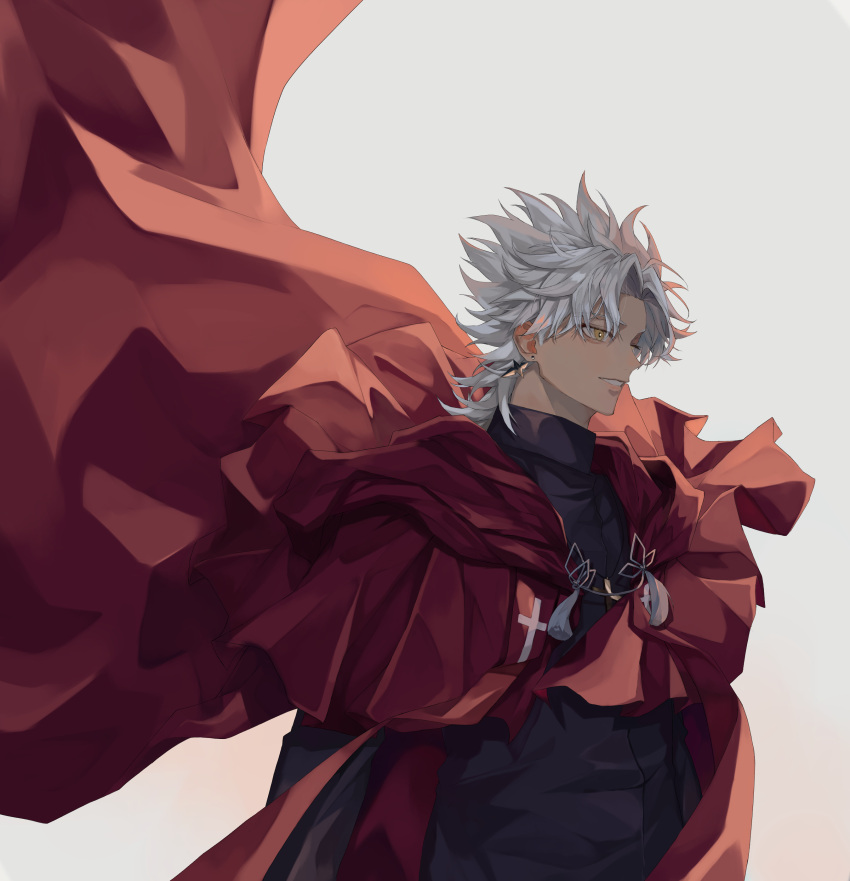 1boy absurdres amakusa_shirou_(fate) bangs brown_eyes cape closed_mouth commentary_request cross cross_necklace cross_print dark-skinned_male dark_skin earrings fate/apocrypha fate/grand_order fate_(series) gradient gradient_background highres jewelry long_sleeves looking_away male_focus mutsu_(621300) necklace parted_bangs priest red_cape short_hair smile solo stole tassel teeth upper_body white_hair yellow_eyes