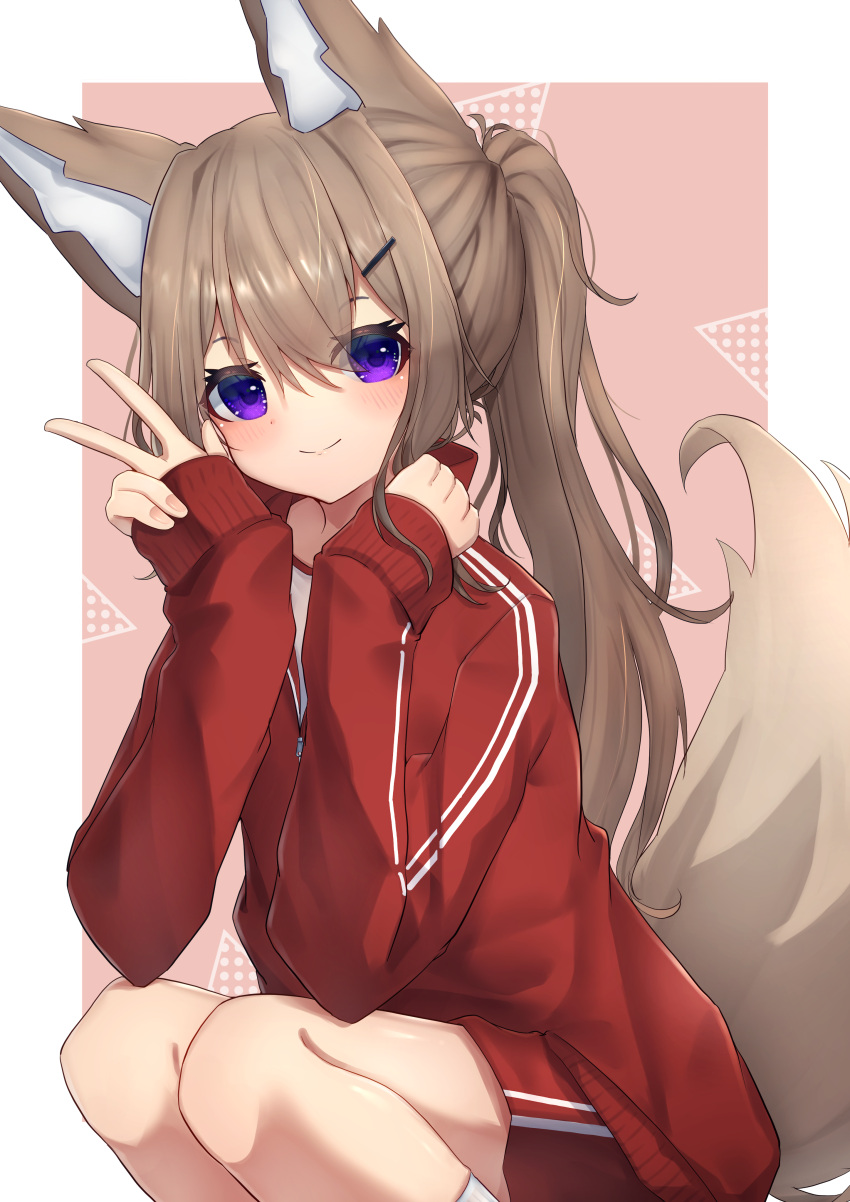 1girl absurdres animal_ears bangs blush brown_hair closed_mouth feet_out_of_frame fox_ears fox_girl fox_tail gym_shirt gym_shorts gym_uniform hair_between_eyes hair_ornament hairclip hands_up highres hinata_(user_rjkt4745) jacket long_hair long_sleeves looking_at_viewer original pinching_sleeves pink_background ponytail red_jacket red_shorts shirt short_shorts shorts sleeves_past_wrists smile socks solo squatting tail track_jacket two-tone_background v very_long_hair violet_eyes white_background white_shirt white_socks