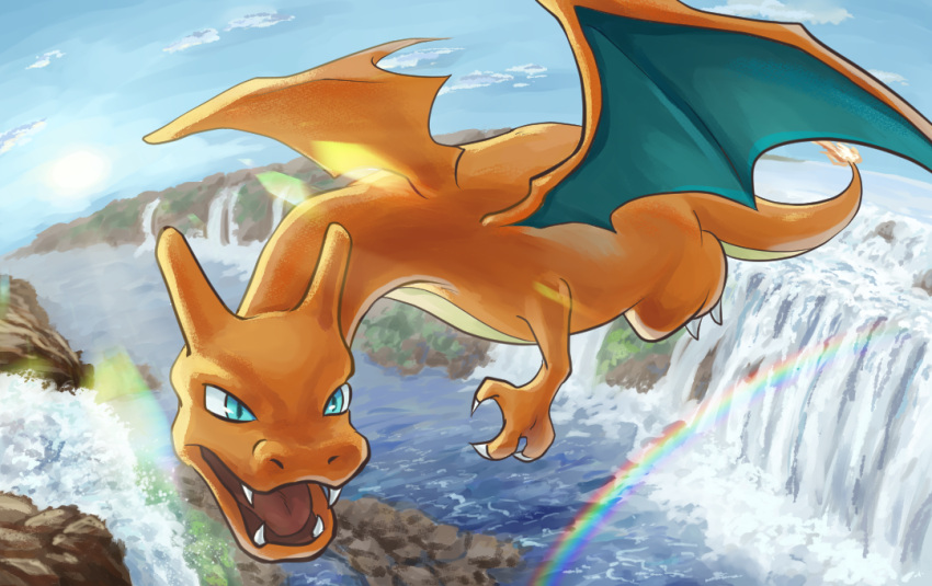 animal_focus blue_eyes blue_sky charizard claws clouds commentary_request day dragon fangs fire flame-tipped_tail flying full_body hinata_kanata lens_flare midair no_humans open_mouth outdoors pokemon pokemon_(creature) rainbow river sky solo water waterfall
