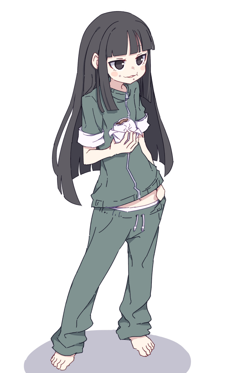 1girl absurdres alternate_costume bangs barefoot blush_stickers bun_(food) eating food food_on_face formal full_body green_pants green_vest grey_eyes grey_hair hand_on_hip hand_up highres hime_cut houraisan_kaguya kame_(kamepan44231) looking_to_the_side open_mouth panties pants short_sleeves simple_background smile solo standing suit tongue touhou underwear vest white_background white_panties zipper