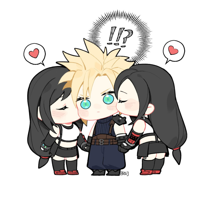 !? 1boy 1girl armor black_hair black_skirt black_thighhighs blonde_hair blue_eyes blush boots chibi closed_eyes cloud_strife couple crop_top detached_sleeves duoj_ji earrings final_fantasy final_fantasy_vii final_fantasy_vii_remake full_body gloves heart holding_hands jewelry kiss kissing_cheek long_hair low-tied_long_hair red_footwear shoulder_armor skirt sleeveless speech_bubble spiky_hair standing suspender_skirt suspenders sweater tank_top thigh-highs tifa_lockhart turtleneck turtleneck_sweater white_background white_tank_top