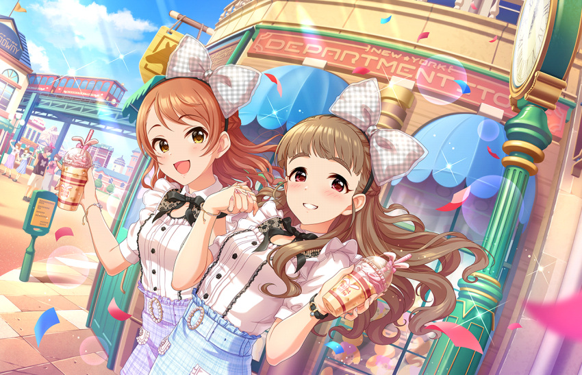 2girls artist_request bangs belt black_hairband blunt_bangs blush bow bracelet breasts brown_eyes brown_hair building clouds cloudy_sky confetti cup day disposable_cup drink drinking_straw eyelashes food frilled_shirt frills grin hair_bow hairband hojo_karen holding holding_cup holding_drink holding_food holding_hands idolmaster idolmaster_cinderella_girls idolmaster_cinderella_girls_starlight_stage jewelry kamiya_nao long_hair looking_at_viewer multiple_girls nail_polish official_art open_mouth orange_hair parted_bangs plaid red_eyes ribbon shirt skirt sky smile sunlight wavy_hair